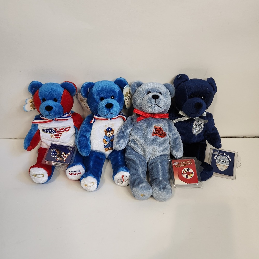 Holy Bears Patriotic Beanie Plush Lot God‎ Bless America Police Fire Postal 4pc